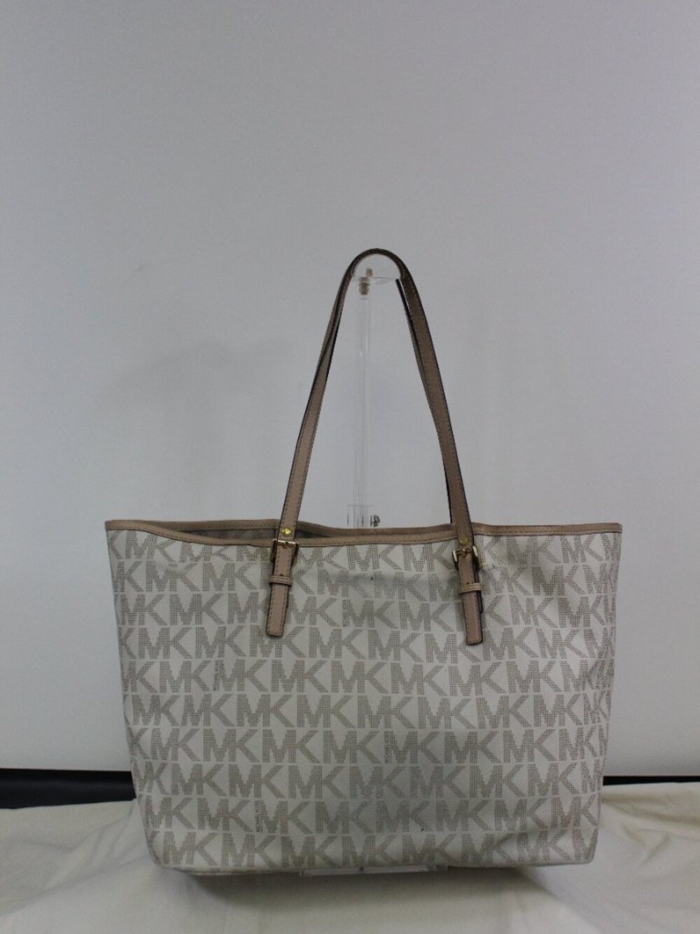Michael Kors Large Logo Tote Cream Tan MK Shoulder Bag PVC Leather - Picture 5 of 13